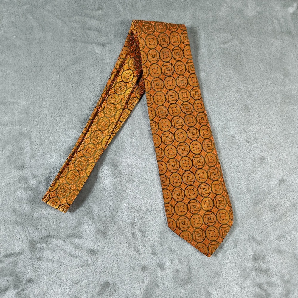 Vintage Robinsons Tie Mens 54.5x4 Orange Gold Metallic Geometric Scotland 60s